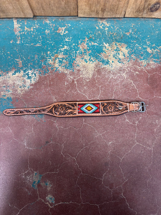 Small Diamond Beaded Leather Tooled Dog Collar