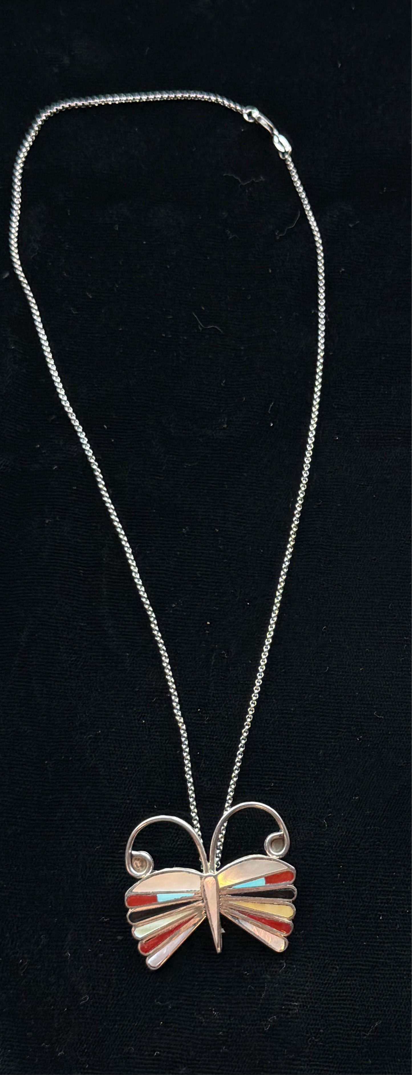 18" Inlay Bufferfly Pin and Pendant Necklace by EE, Zuni
