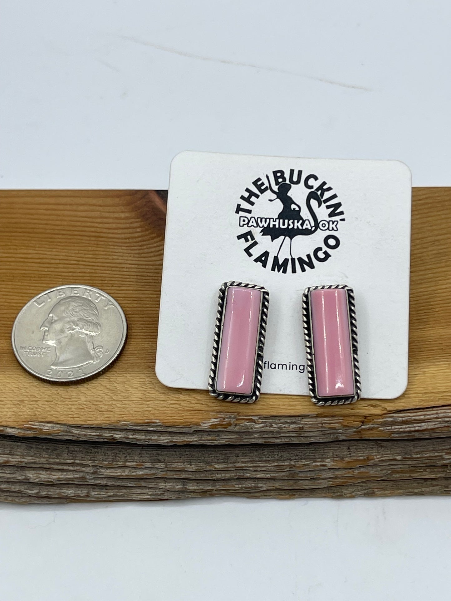 Rectangle Pink Conch Shell Post Earrings by Judith Dixon, Navajo