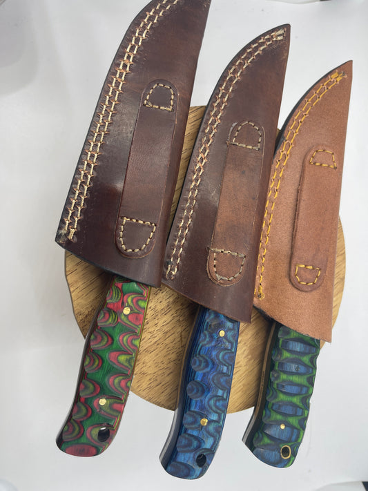 Damascus Blade With Wood Handle and Leather Sheath, USA Made
