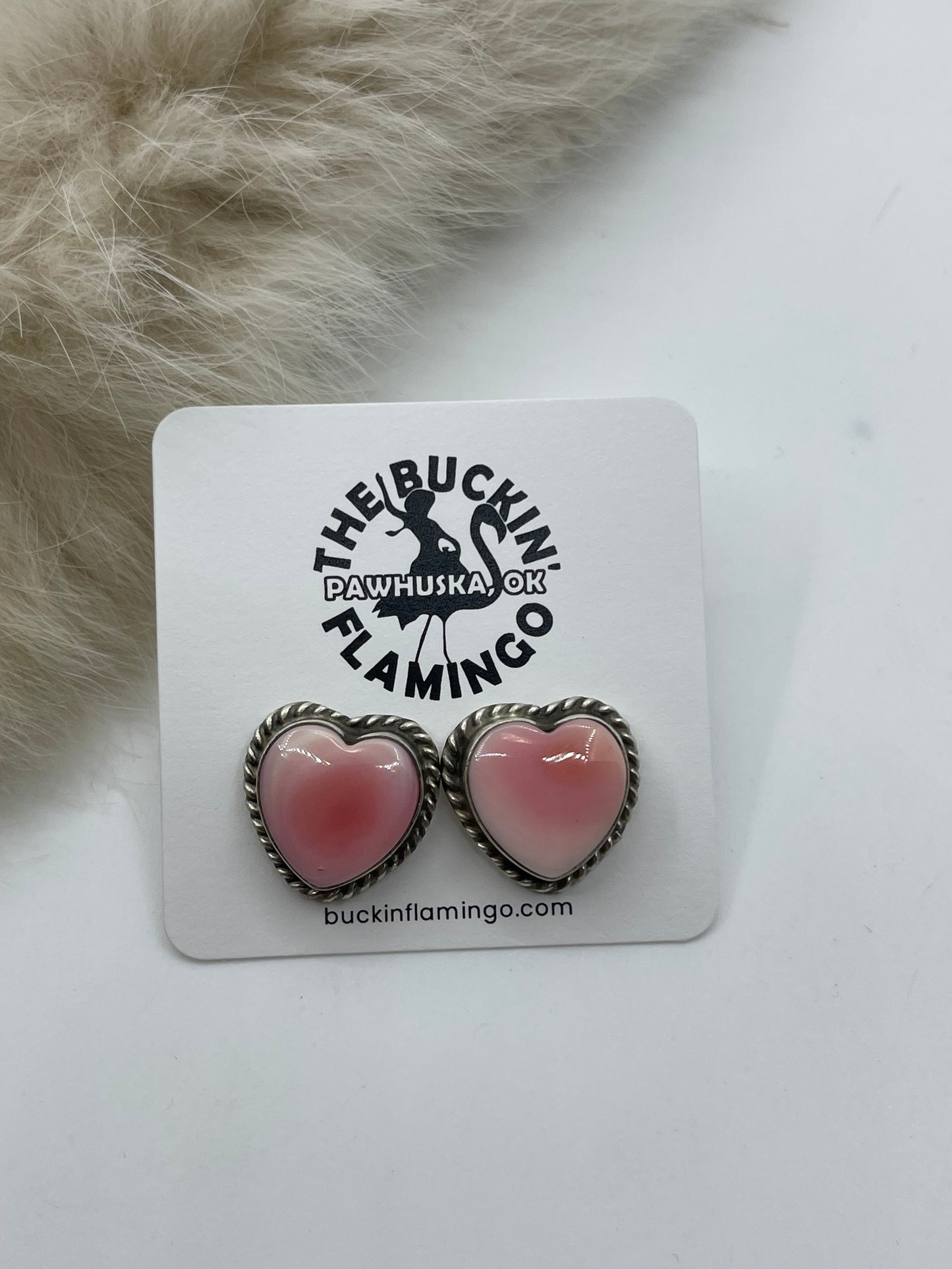 Pink Conch Shell Heart Post Earrings by Larson Chee, Navajo