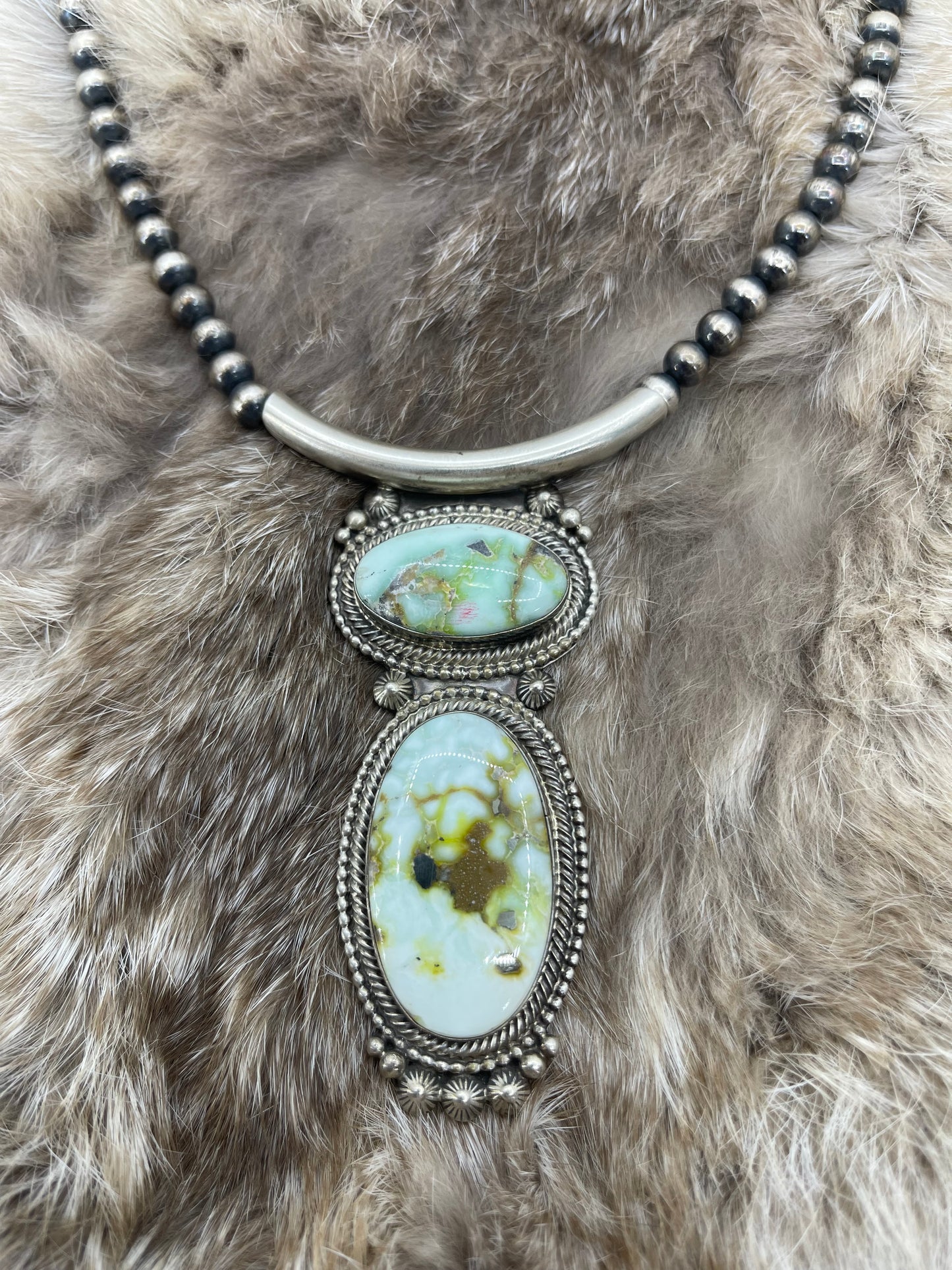 Palomino Turquoise 2 Stone Pendant on 18" 6mm Silver Pearls by Tom Lewis, Navajo