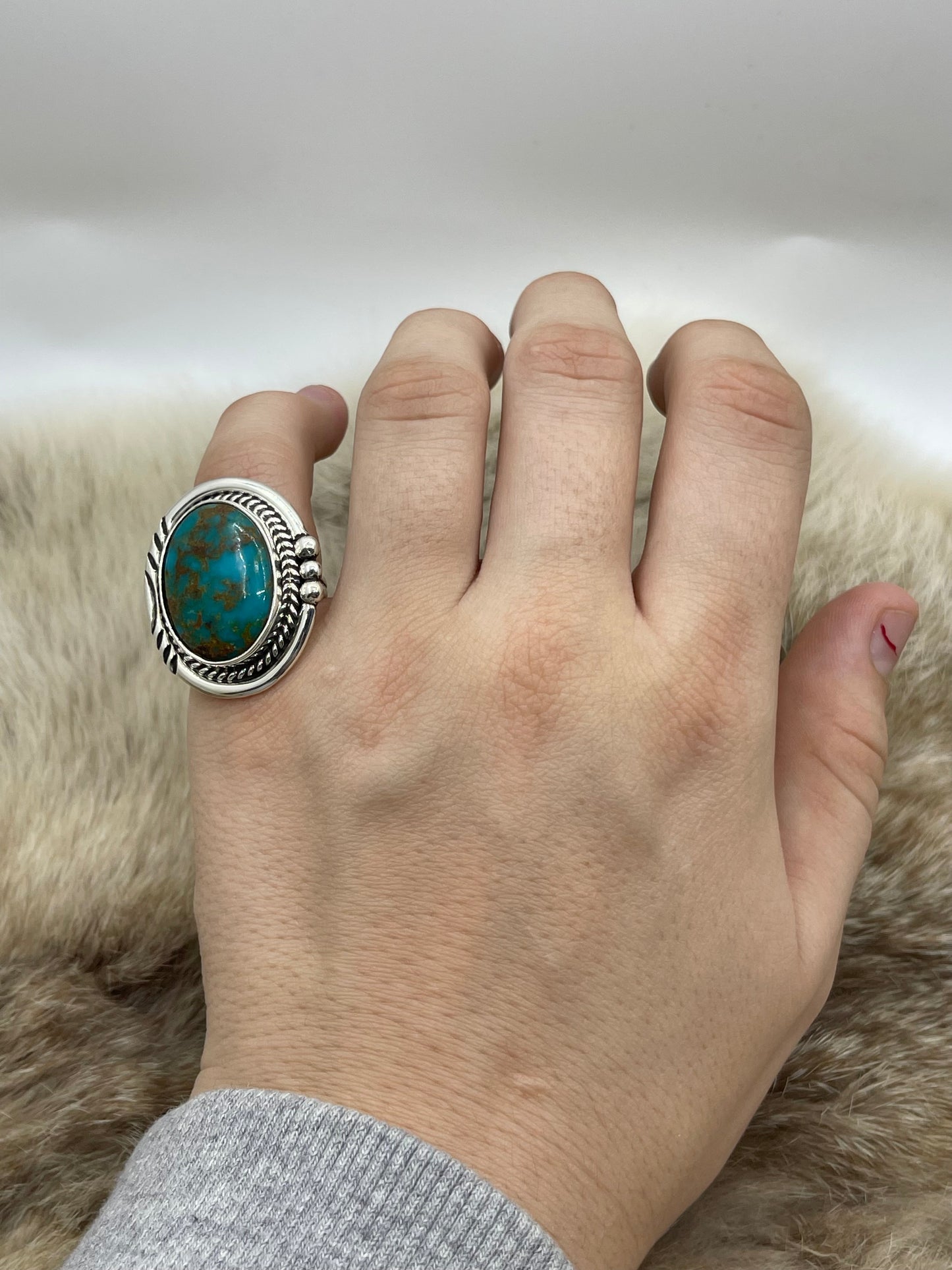 7.0 Oval Turquoise Ring By Ray Tom, Navajo