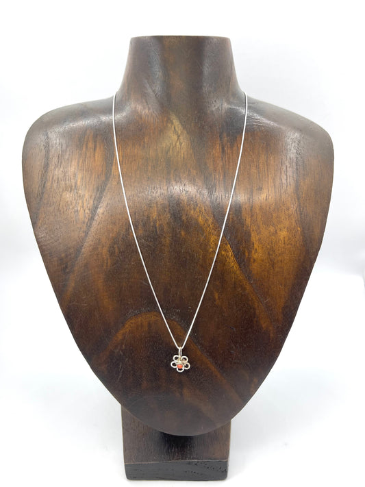 18” Chain with Red Coral Tiny Flower Pendant by Connie Bowannie, Zuni