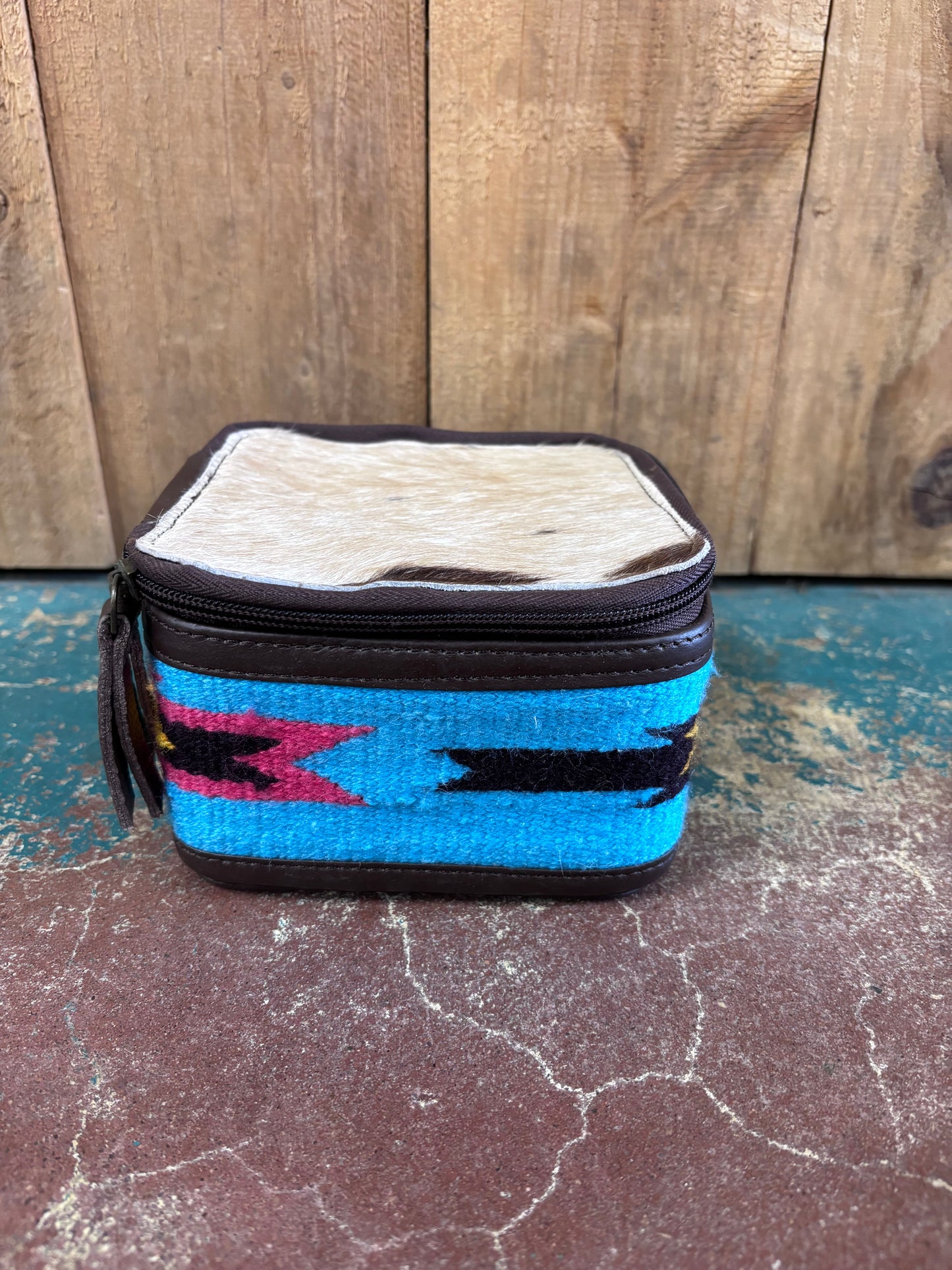Small Square Tan Cowhide Blue Knitted Jewelry Box