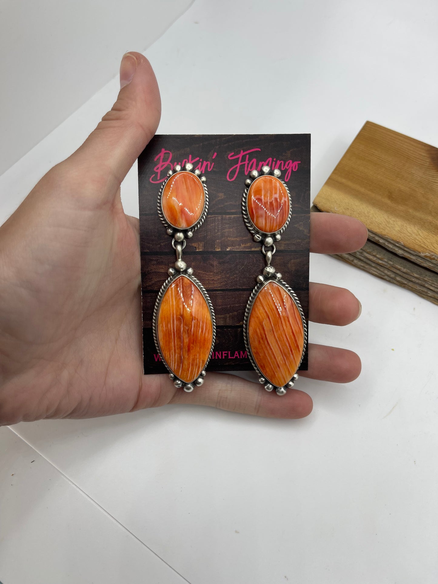 3 1/2" 2 Stone Orange Spiny Oyster Shell Post Dangle Earrings by Elouise Kee, Navajo