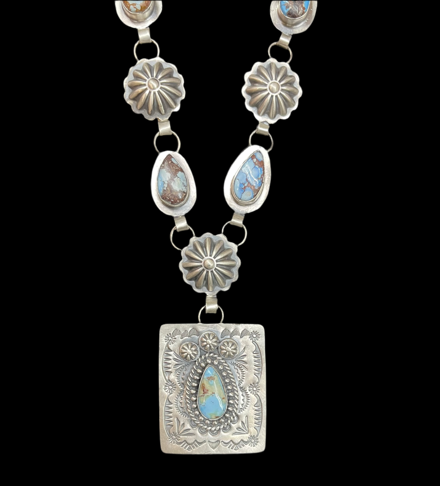 Golden Hills Turquoise and Sterling Silver Concho Lariat by Delbert Secatero, Navajo