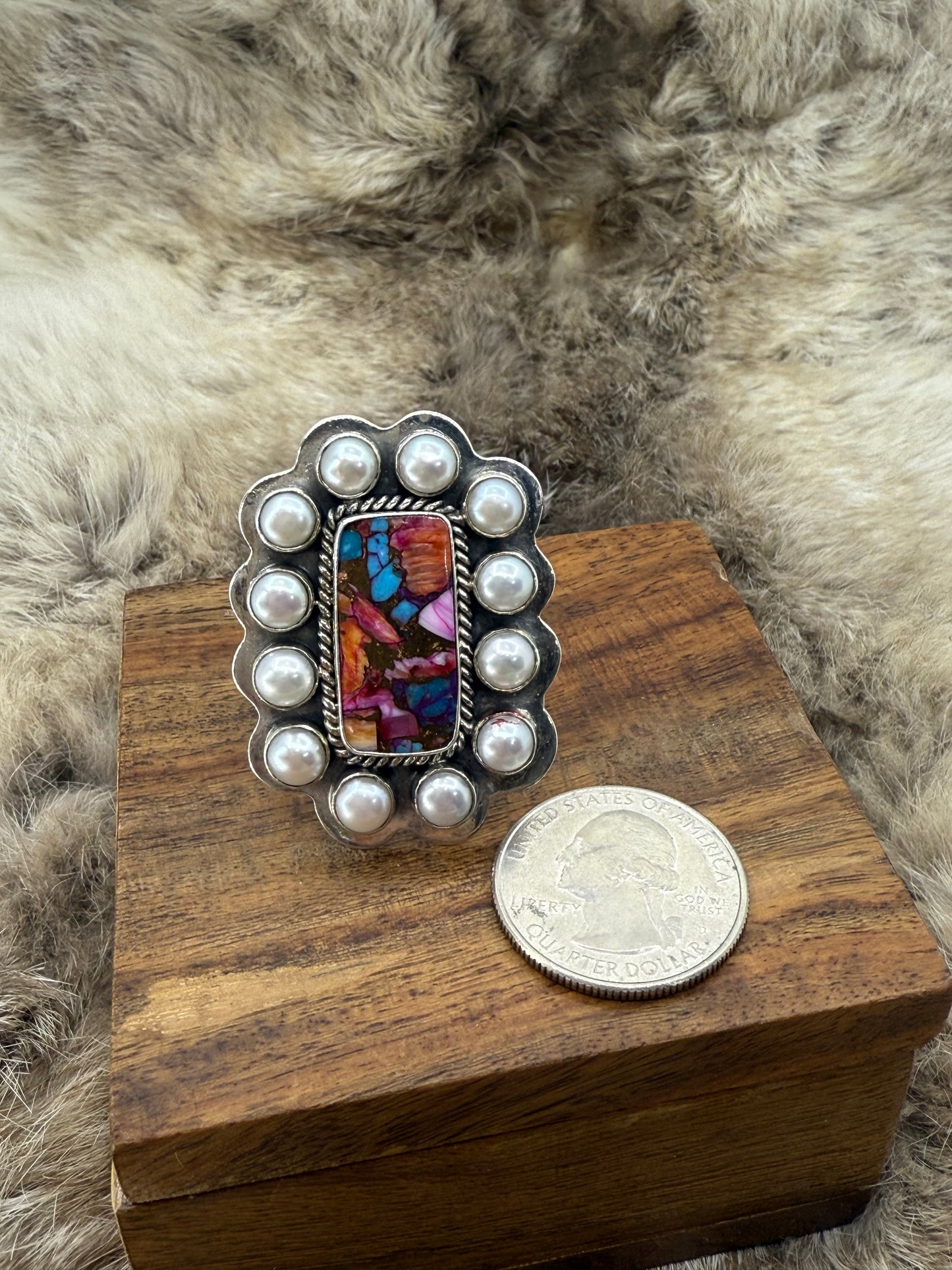 Pink Dahlia & Fresh Water Pearls Adjustable Ring