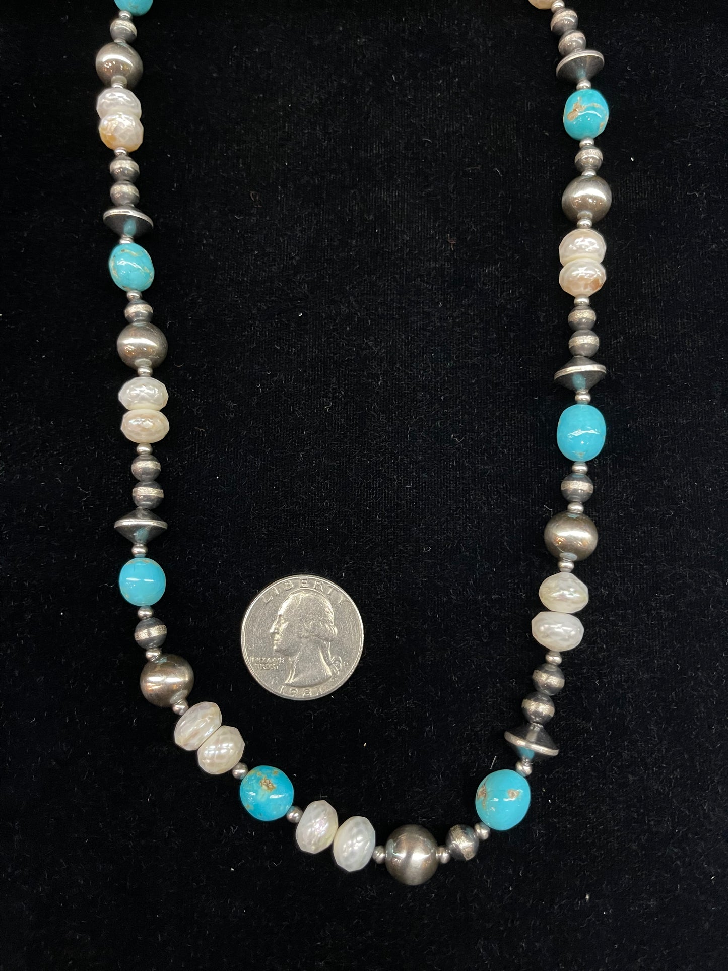 20" 3mm-10mm Freshwater Pearls, Turquoise Pearls, and Navajo Pearls Necklace