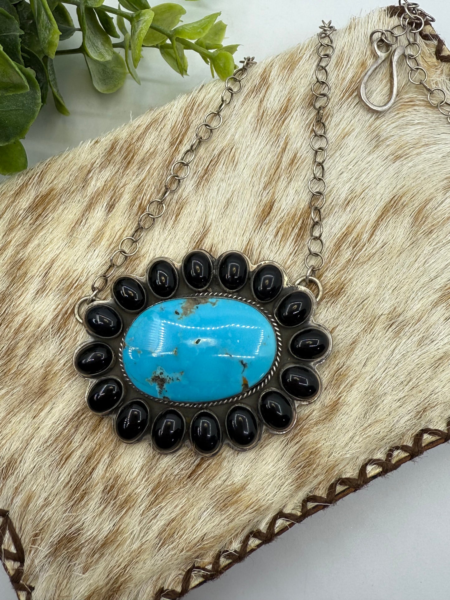 17" BLACK ONYX & KINGMAN CLUSTER NECKLACE BY STEVEN NEZ, NAVAJO