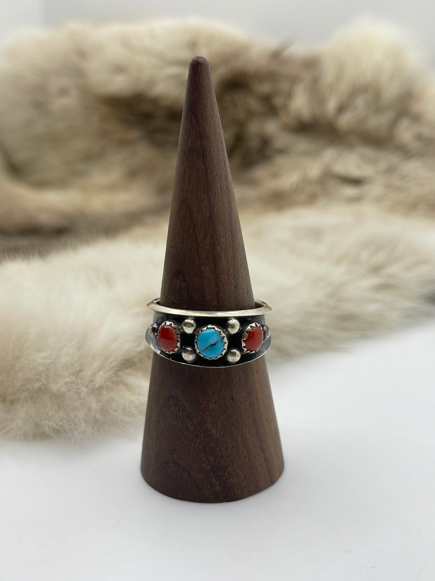 11.0 Red Coral & Blue Turquoise Ring, Navajo Made