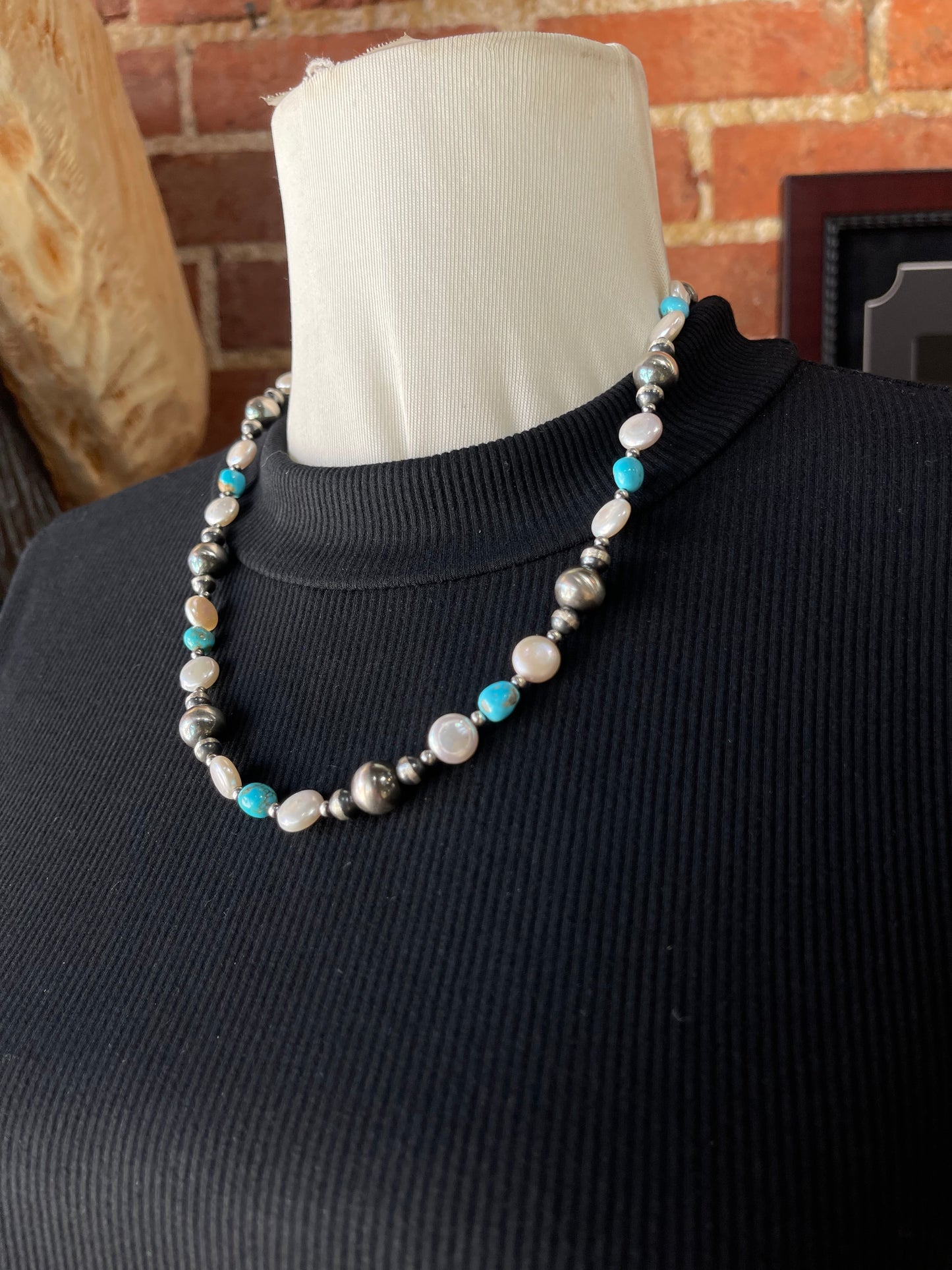 20" 10mm Navajo Style Pearls, Turquoise & Freshwater Pearls Necklace