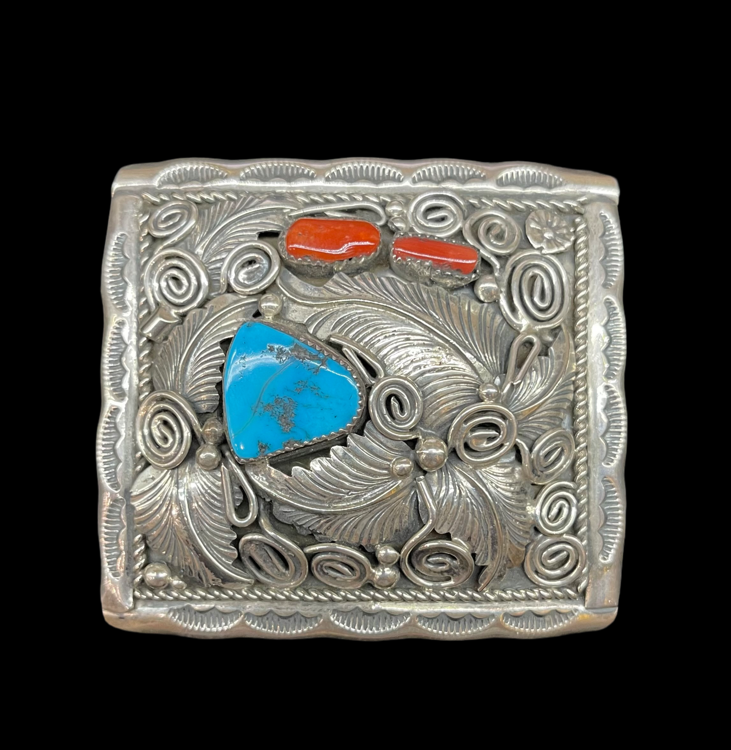 Turquoise and Red Coral Belt Buckle, Navajo Made