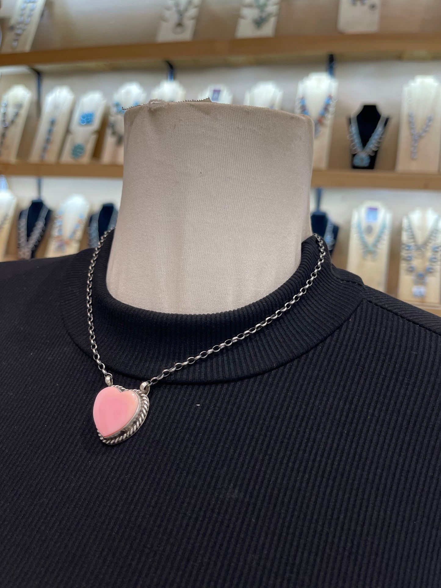 16" Pink Conch Shell Heart Necklace by Donavan Skeet, Navajo