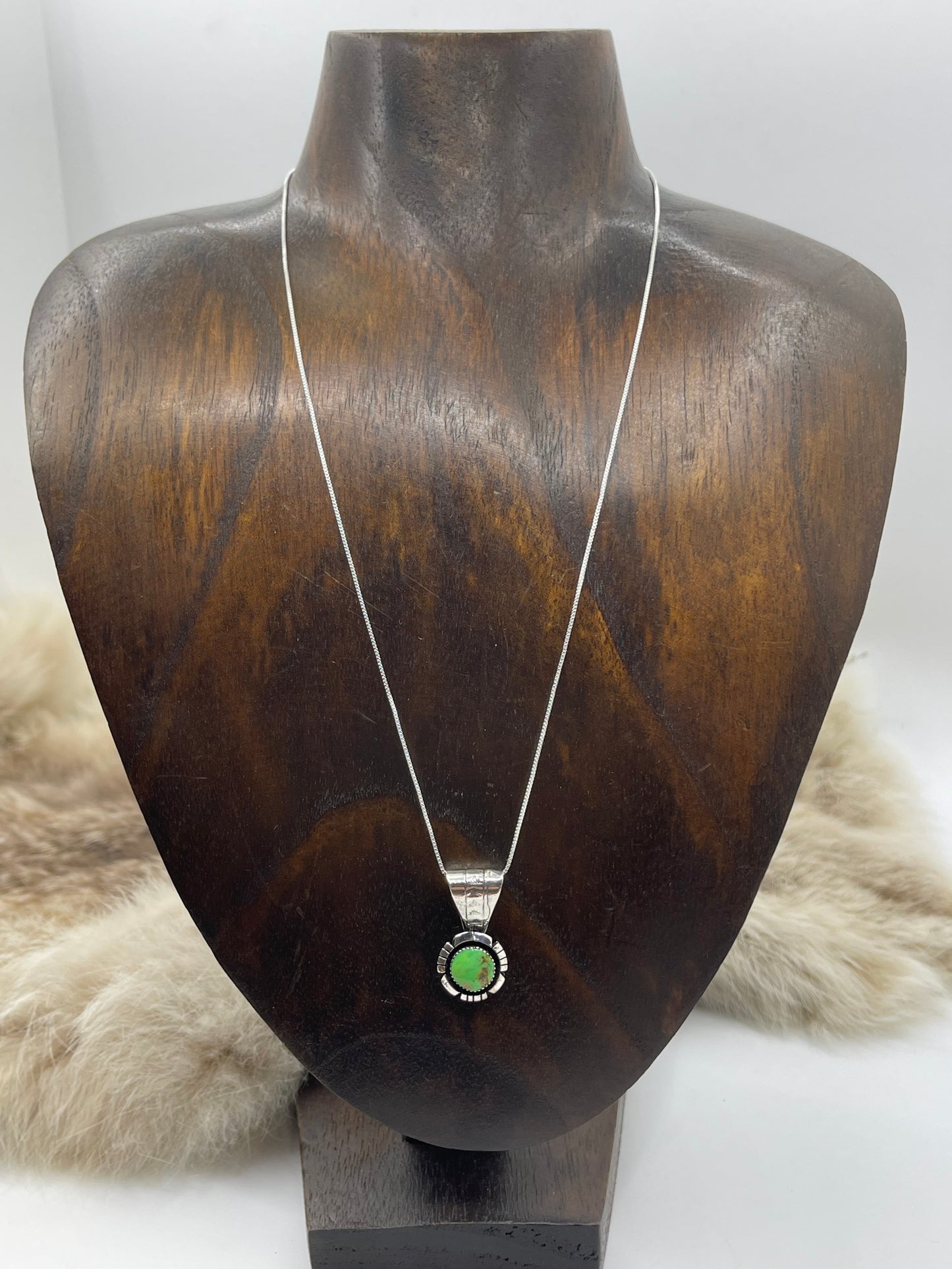 Green Turquoise Pendant 5.5mm Bail by Sadie Jim, Navajo on 18” Chain