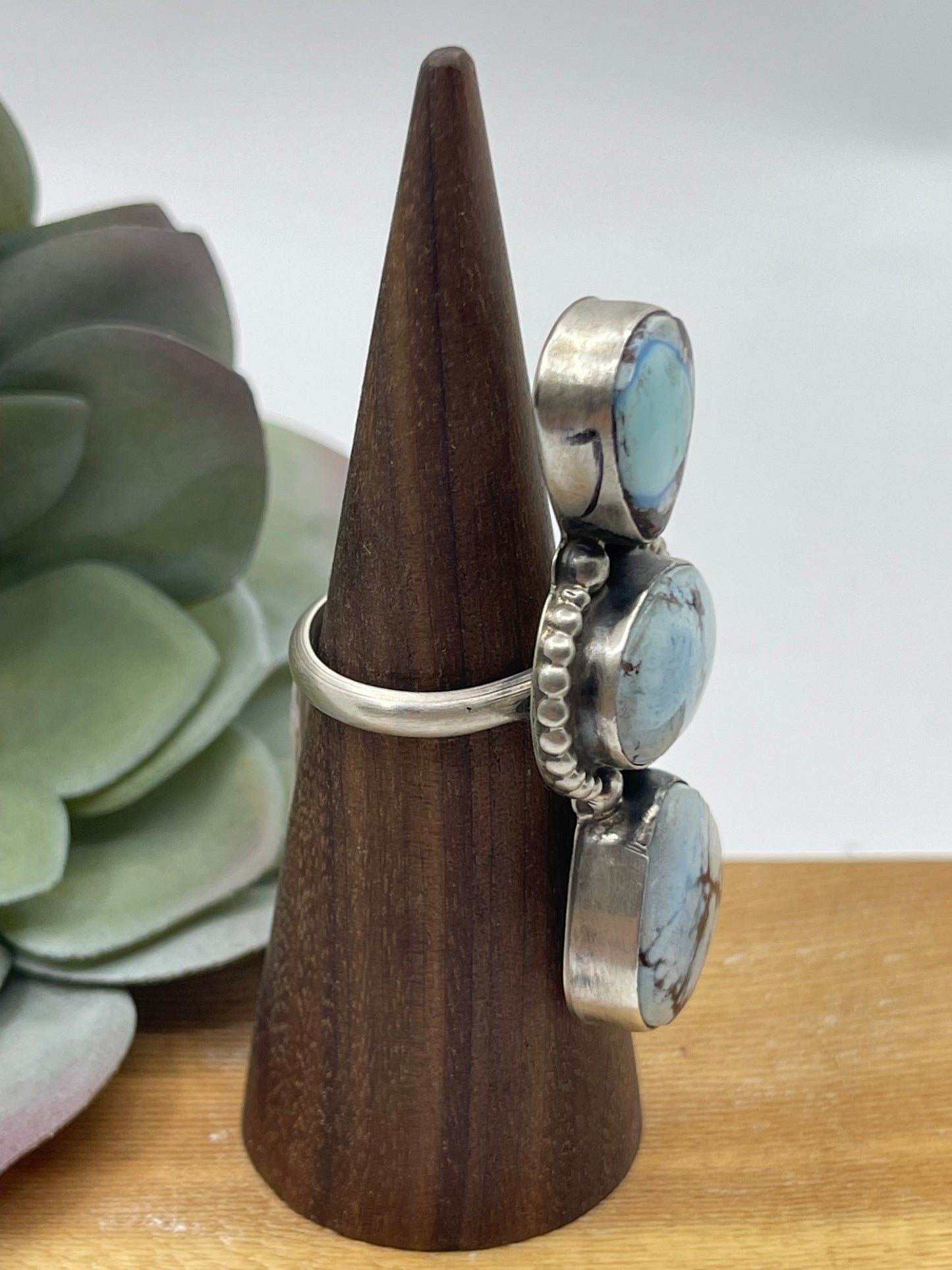 Adjustable Golden Hills Turquoise 3 Stone Ring by Alfred Martinez, Navajo