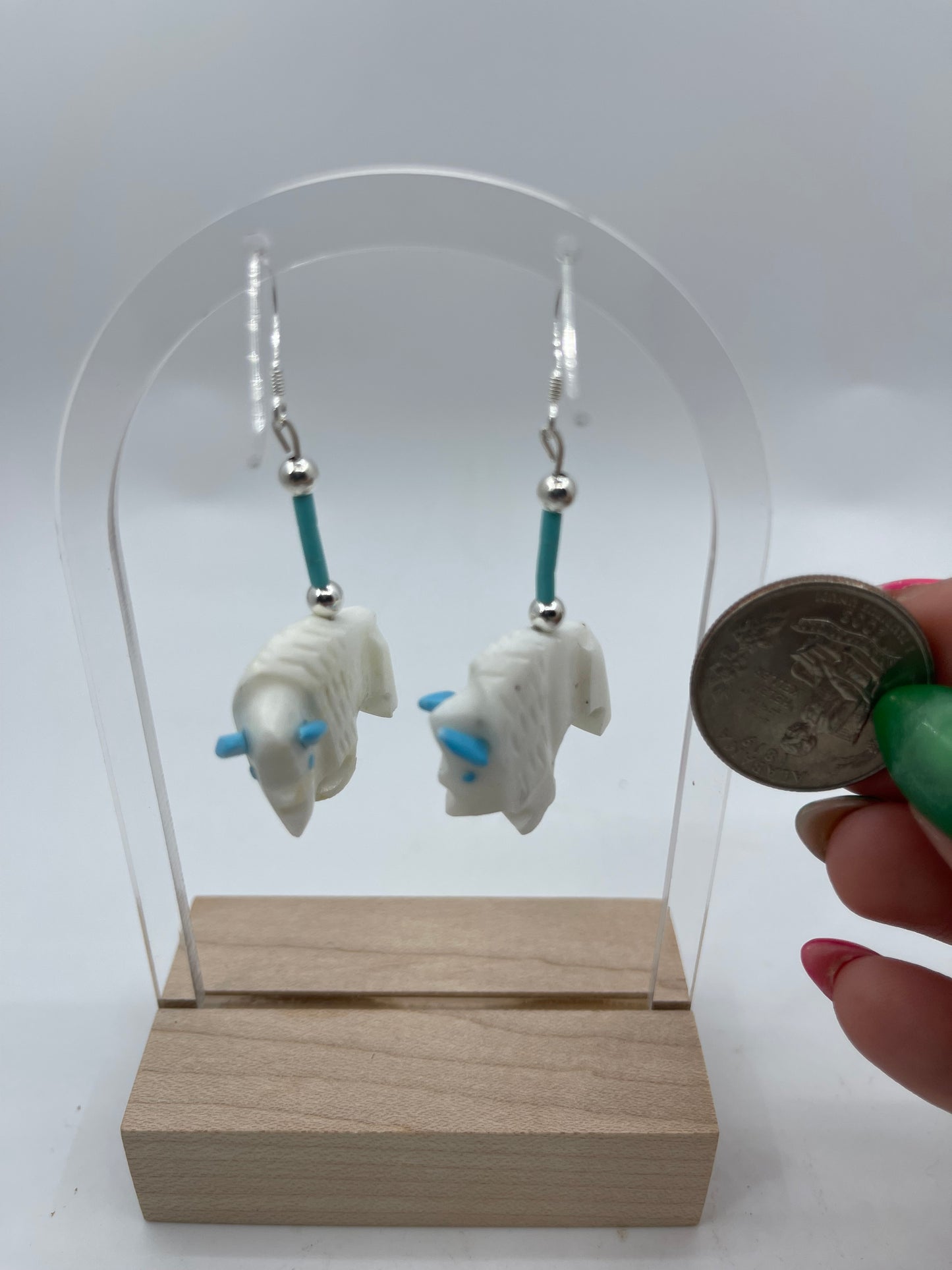 Carved Turquoise Buffalo Dangle Earrings by Todd Etsatie, Zuni