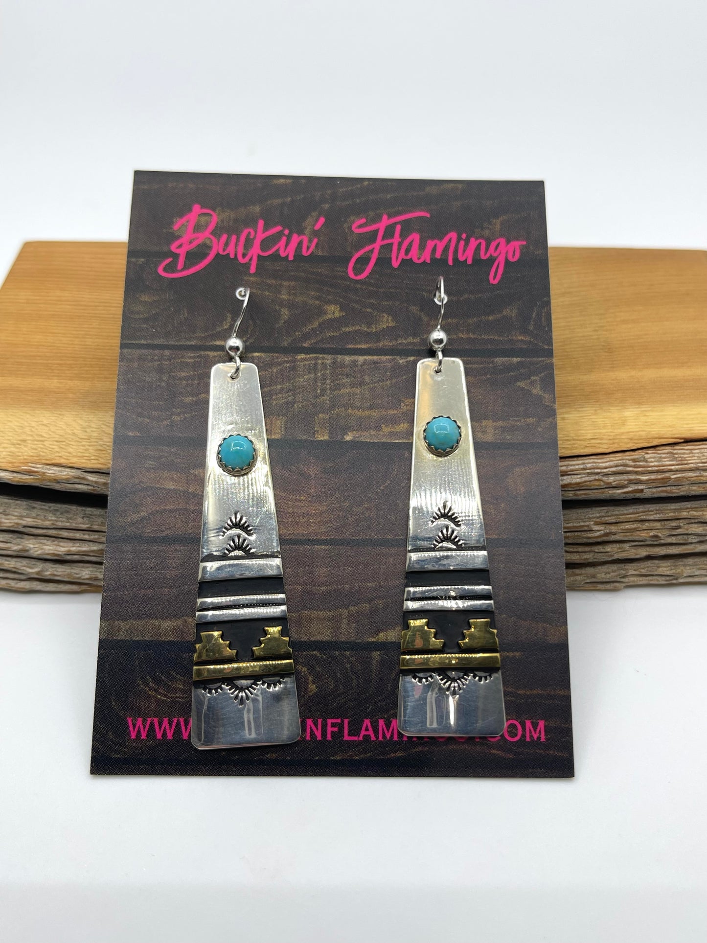 Silver with Brass Overlay Turquoise Dangle Earrings by Tommy and Rose Singer, Navajo
