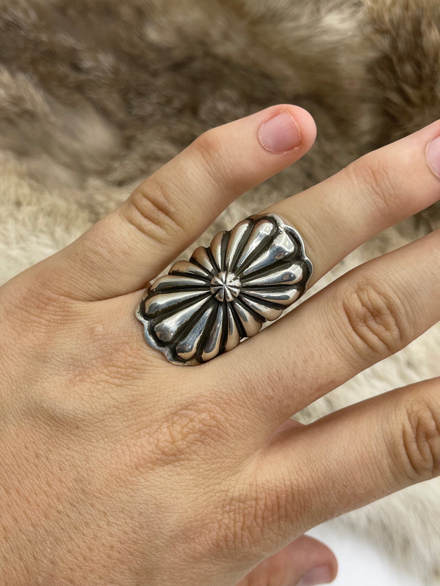 7.5 Silver Oval Concho Ring by Darnell Cadman, Navajo