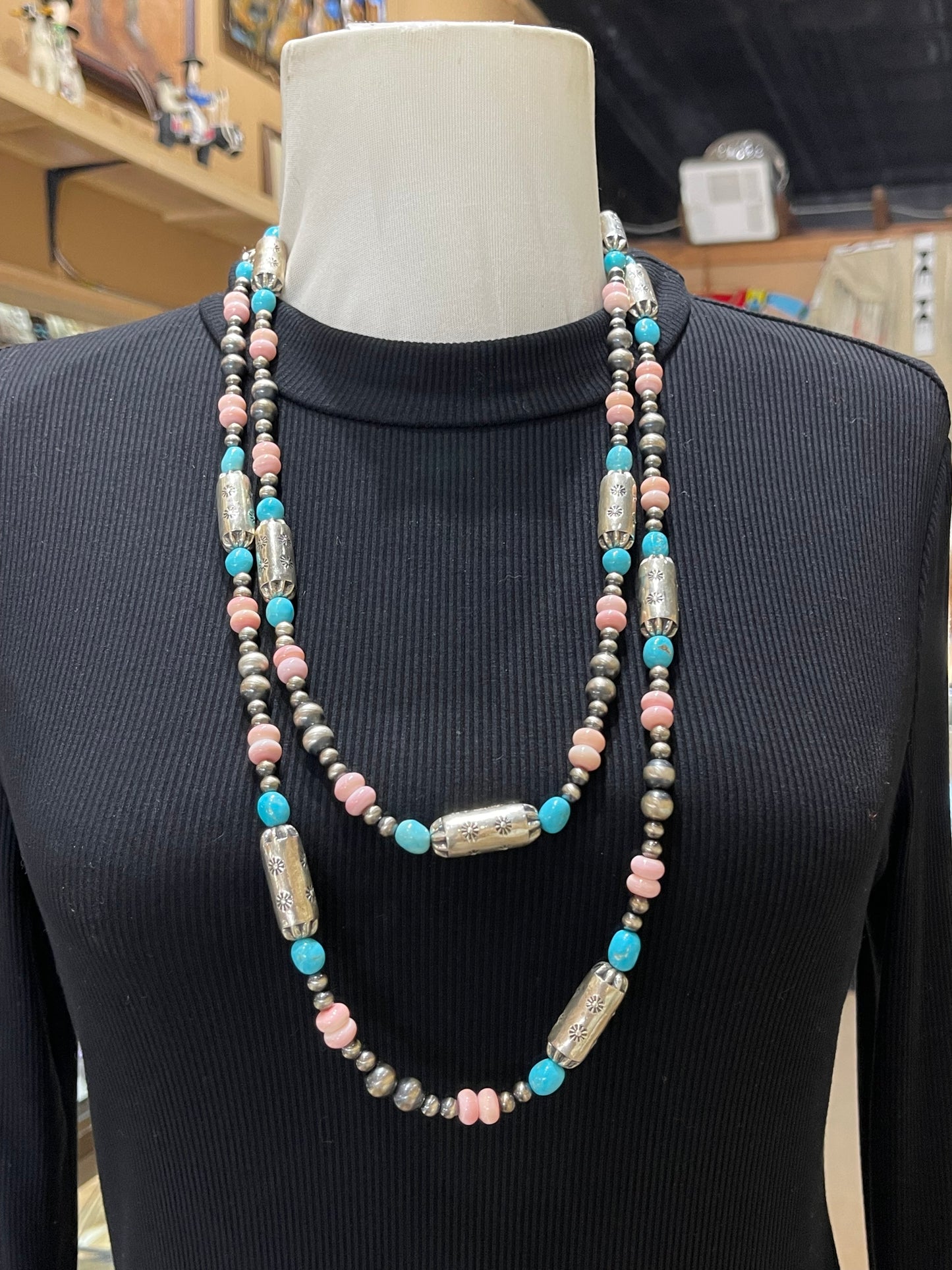 58" Pink Conch Shell and Sleeping Beauty Nugget Necklace with Navajo Style Pearls