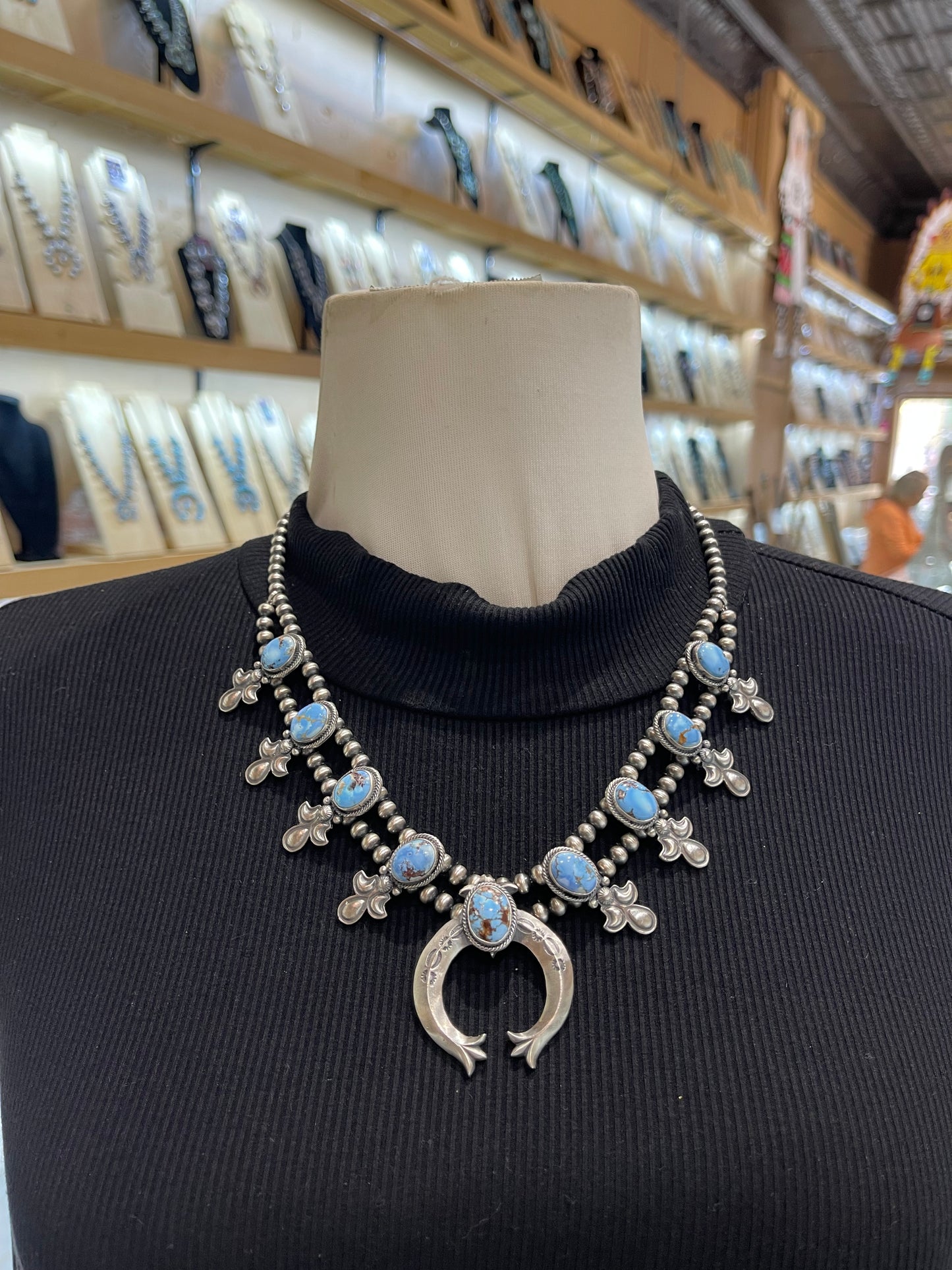 20” Golden Hills Turquoise Squash Blossom Necklace & Earring Set by Adrienne P. Gordon, Navajo