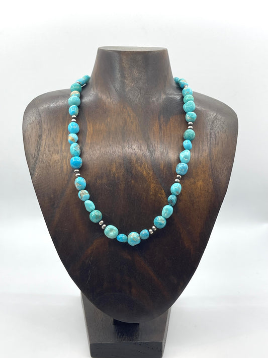 18" Natural Chunky Sonoran Blue Turquoise w/ Navajo Style Pearls Necklace