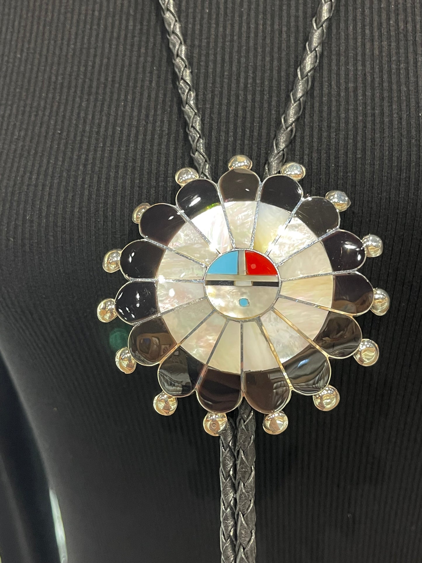 Inlay Zuni Sunface Bolo Tie by Pauline Lonjose, Zuni