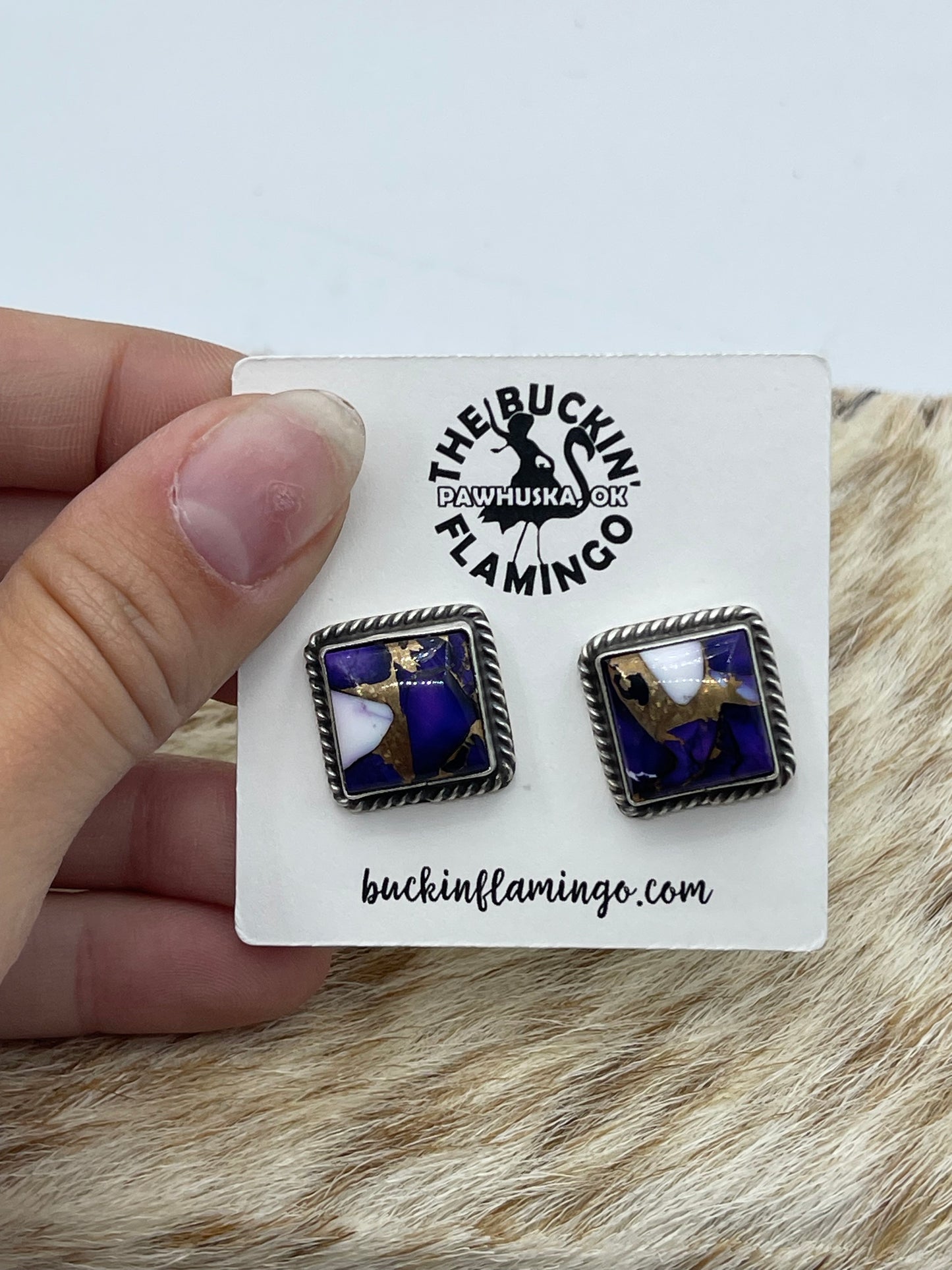 Lavender Dahlia Square Post Earrings by Judith Dixon, Navajo