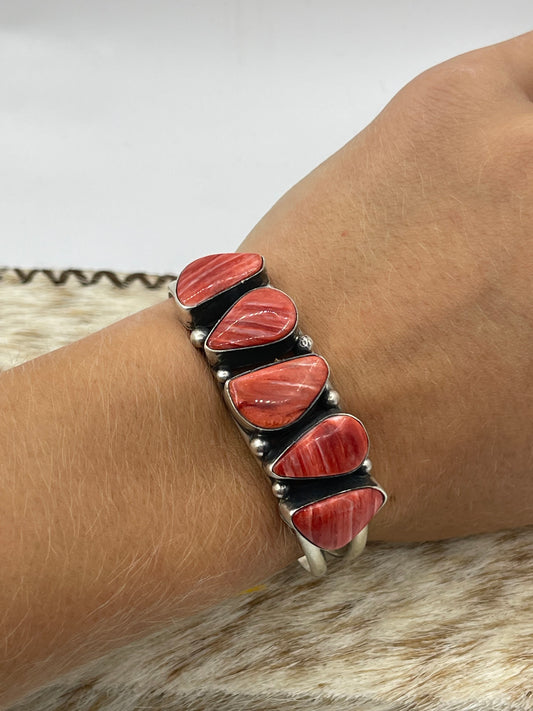 5 Stone Red Coral Cuff by Augustine Largo, Navajo