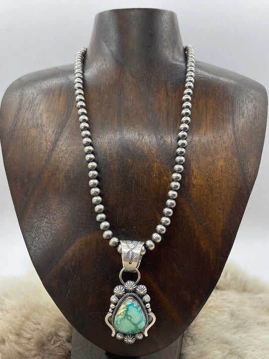 Sonoran Gold Turquoise Pendant with 18" 6mm Navajo Style Pearls by Tom Lewis, Navajo