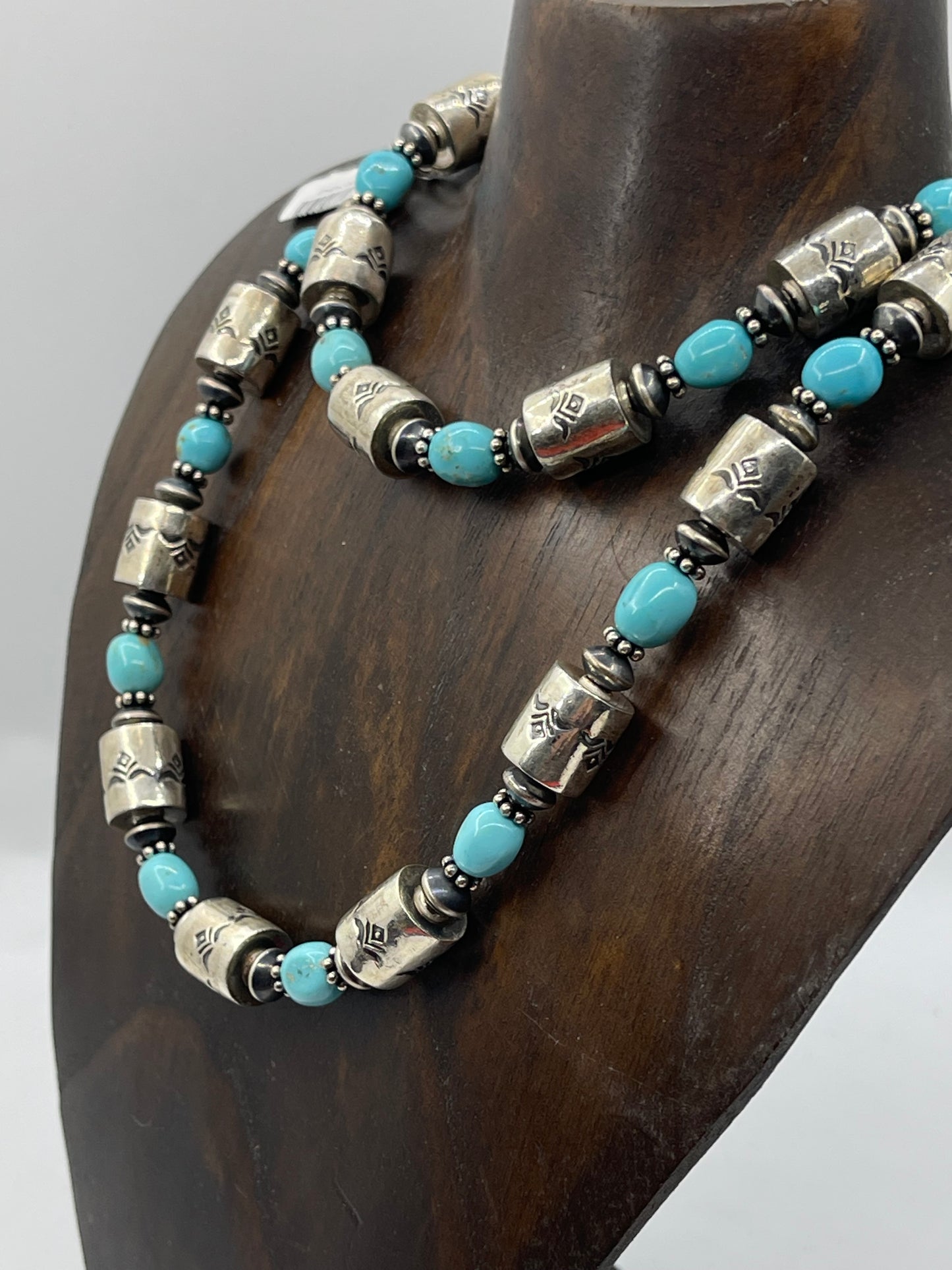 LOT 95 1/25      30" Turquoise and Stamped Sterling Silver Barrel Beads