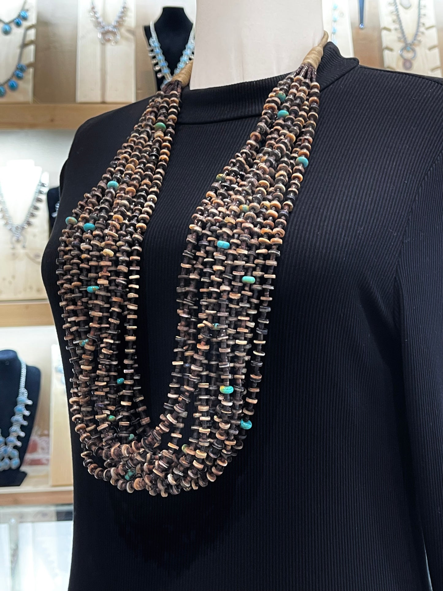 36" 13 Strand Pin Shell & Turquoise Necklace by Jolene Bird, Santo Domingo