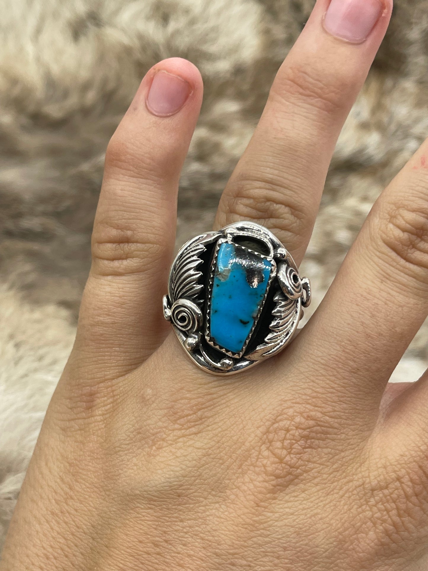 12.0 Turquoise Ring with Feather by Darrell Morgan, Navajo