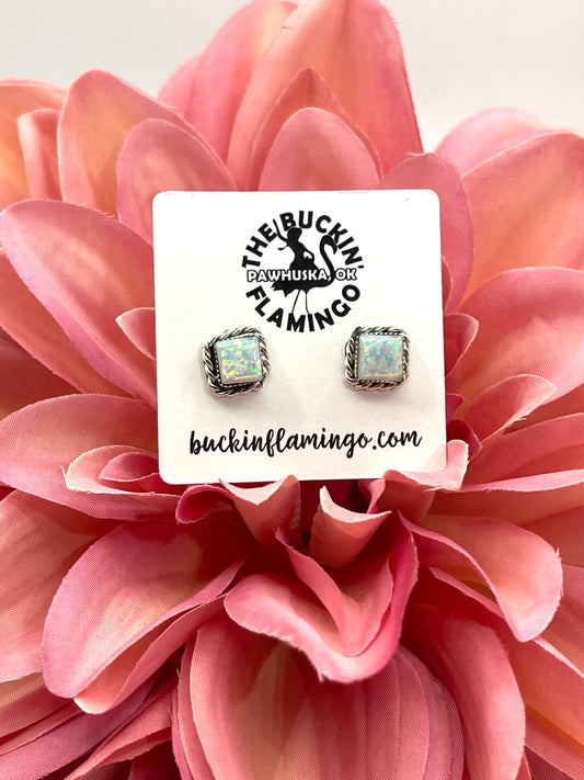 White Opal Square Post Earrings with Border by Geneva Chuyate, Zuni