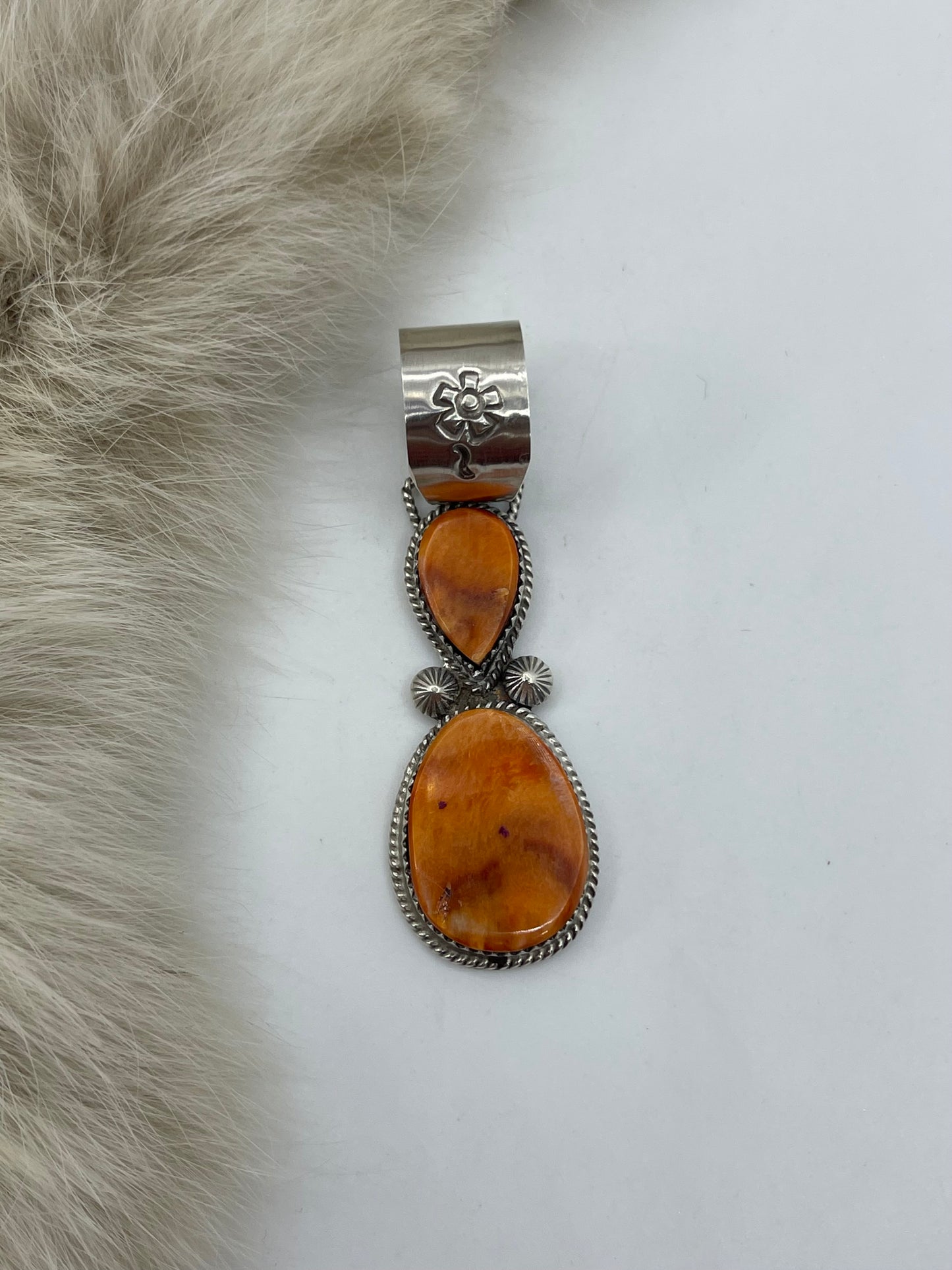 Orange Spiny Oyster 2 Stone Pendant by Selina Warner, Navajo
