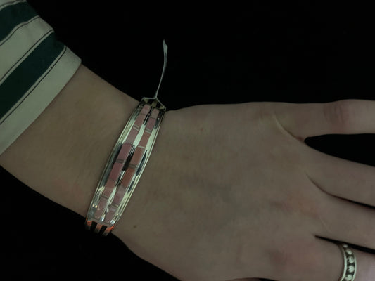6 1/4" 2 Row Pink Conch Shell Inlay Cuff by Wilbert Muskett Jr, Navajo