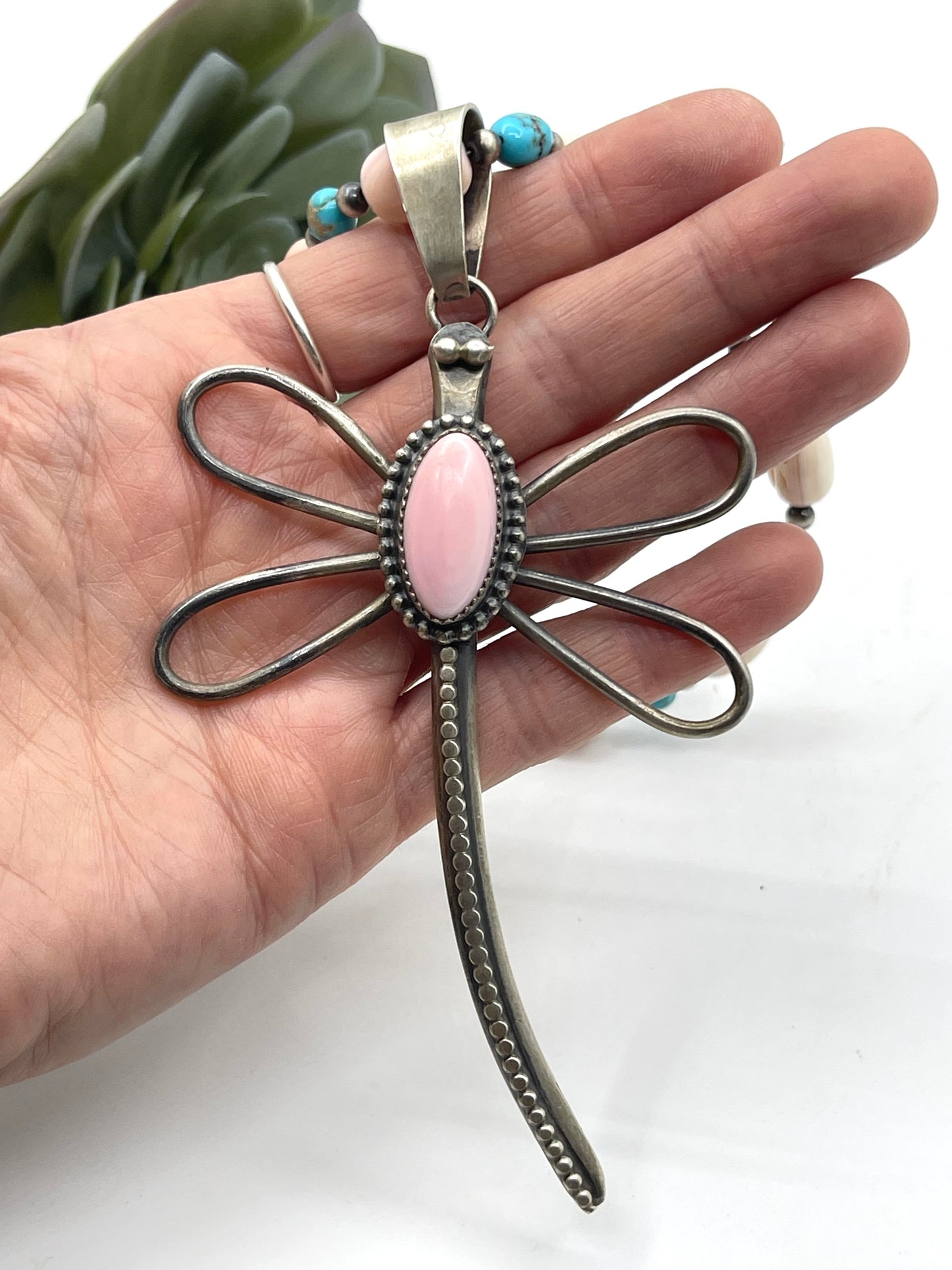 18" Pink Conch Shell & Sleeping Beauty Turquoise Necklace with Dragonfly Pendant by Delbert Secatero, Navajo