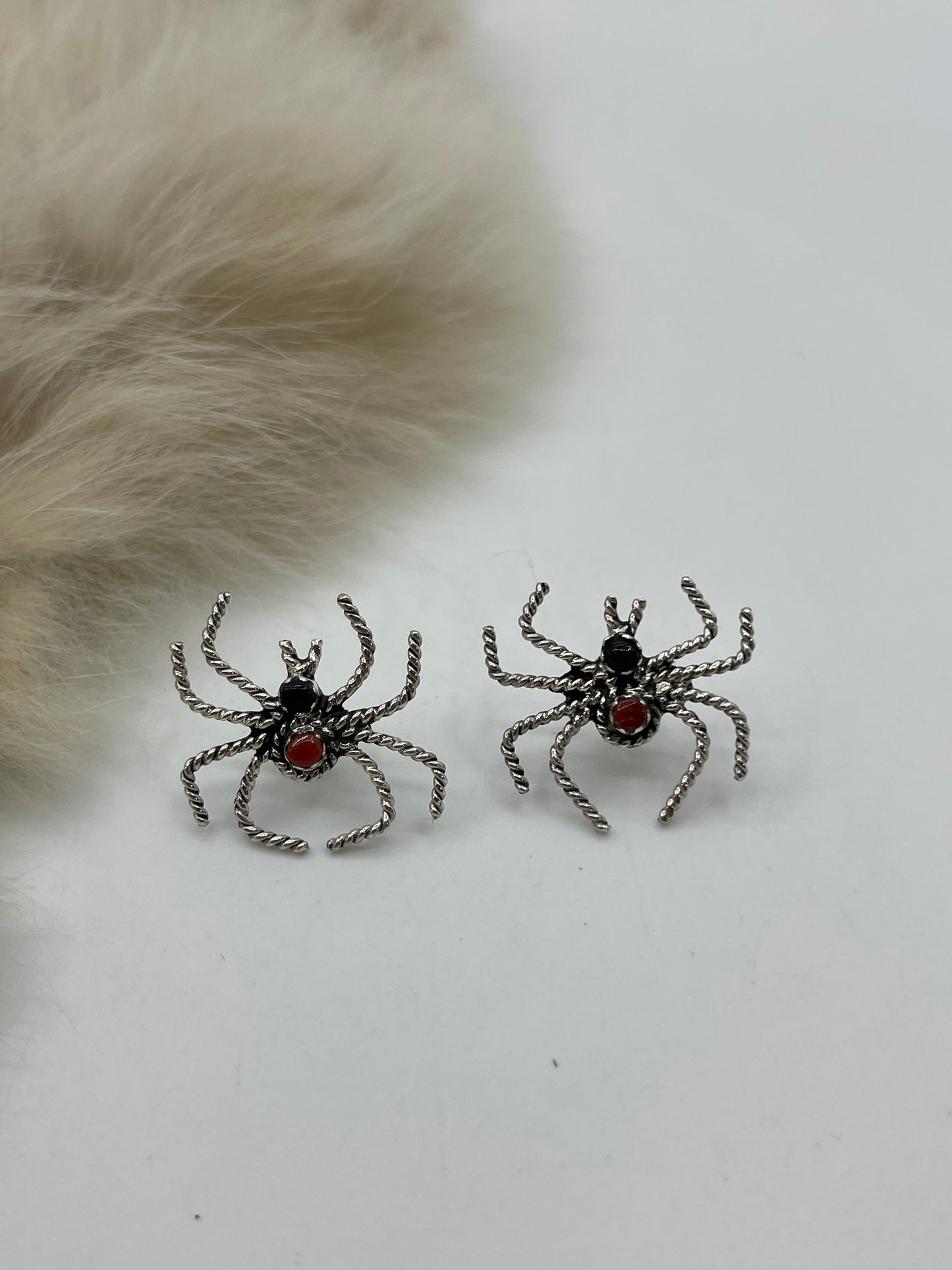 Red Coral & Black Onyx Spider Post Earrings by Gilbert Weebothee, Zuni