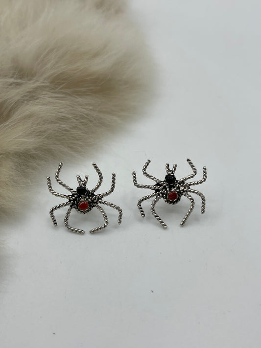Red Coral & Black Onyx Spider Post Earrings by Gilbert Weebothee, Zuni