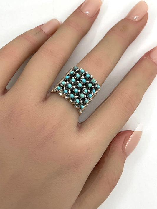5 Row Turquoise Snake Eye Ring by Stephen Haloo, Zuni