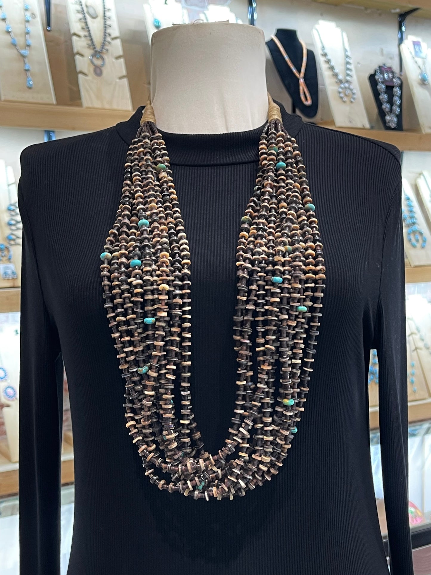 36" 13 Strand Pin Shell & Turquoise Necklace by Jolene Bird, Santo Domingo