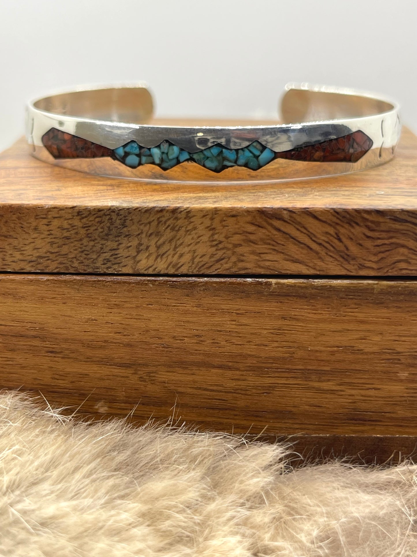Chip Inlay Turquoise and Coral Bracelet by Joleen Yazzie, Navajo