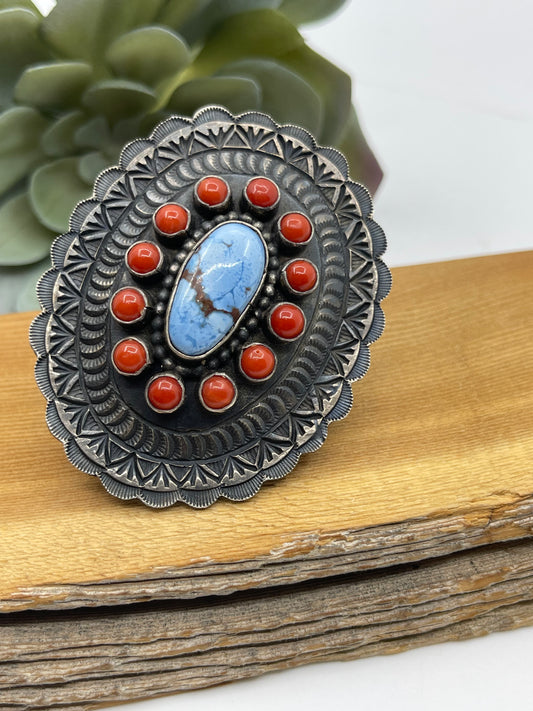 LOT 27 1/11 8.0 Golden Hills and Red Coral Tufa Cast Ring by Shawn Cayatineto, Navajo