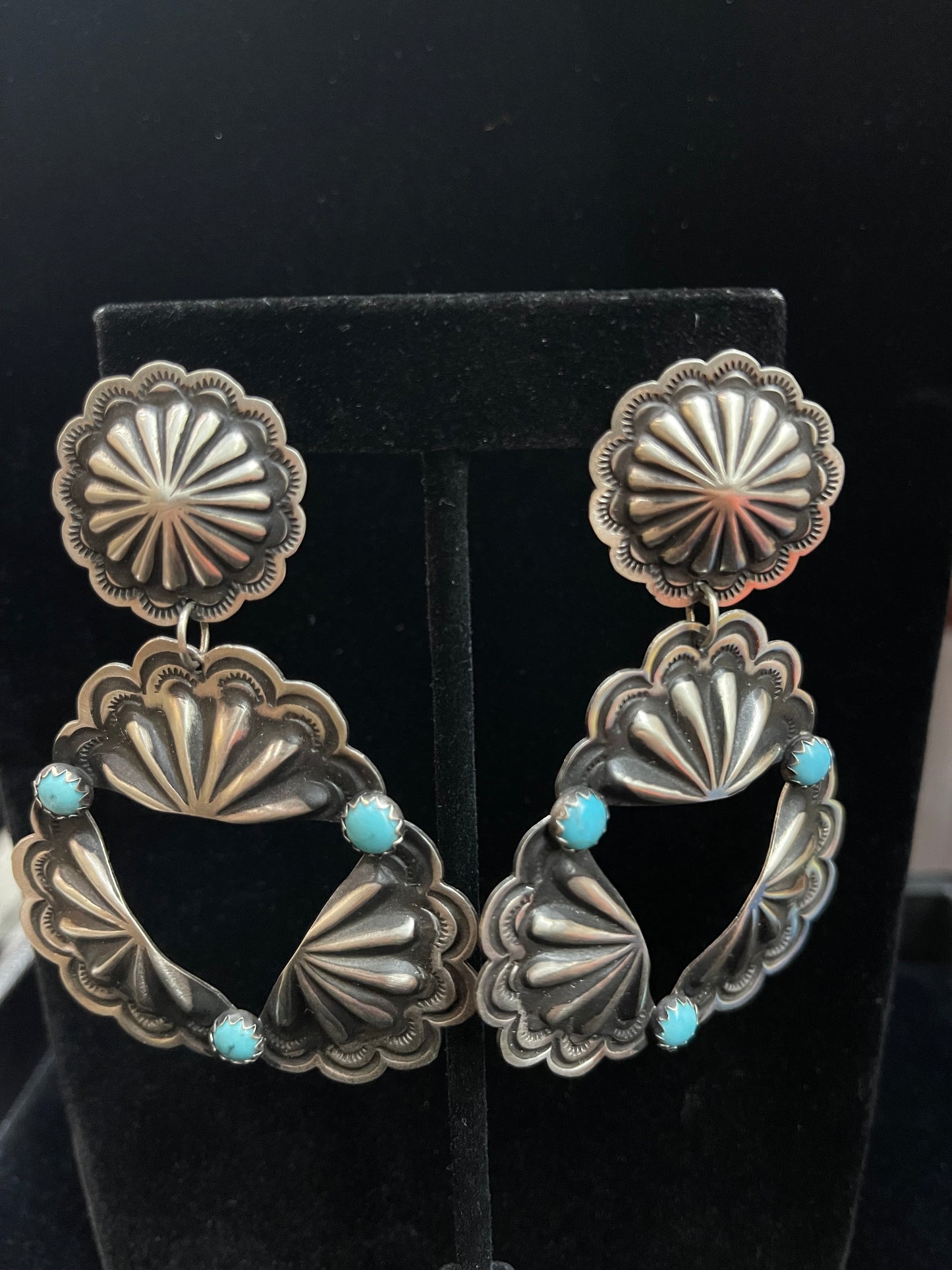 Concho Post Dangle Earrings with Turquoise Stones by Leander Tahe, Navajo