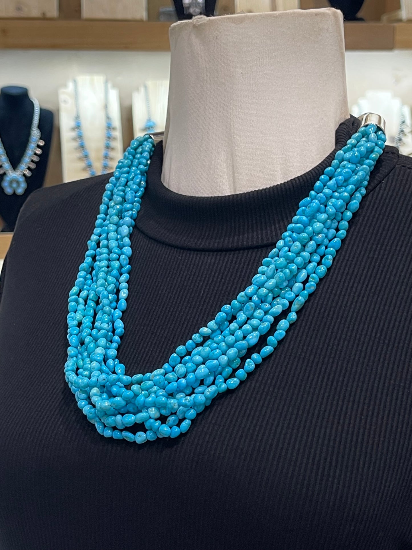 25” 9 Strand Sleeping Beauty Nugget Turquoise by Marie Jackson, Navajo