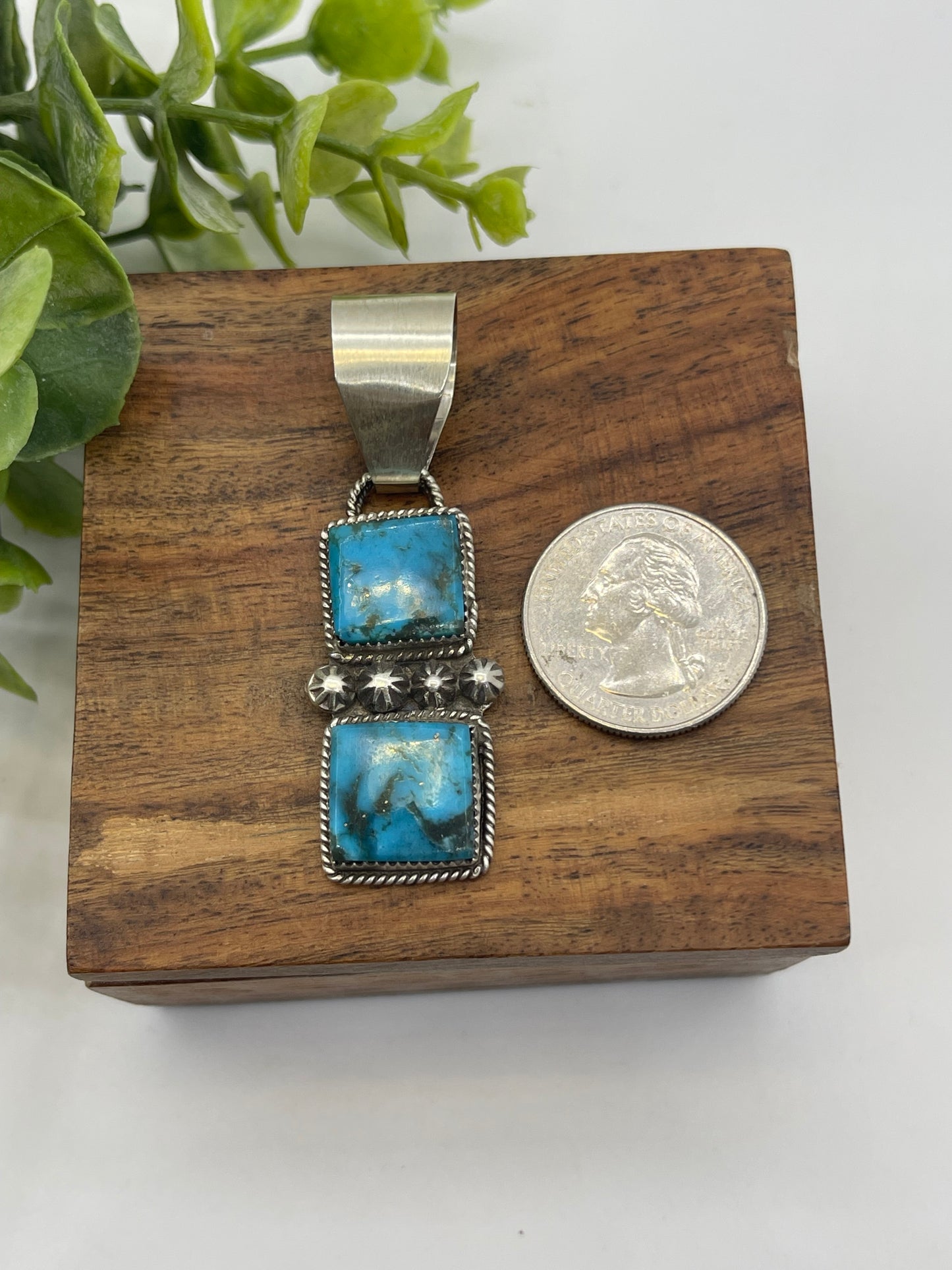 2 Stone Turquoise Pendant by Selina Warner, Navajo