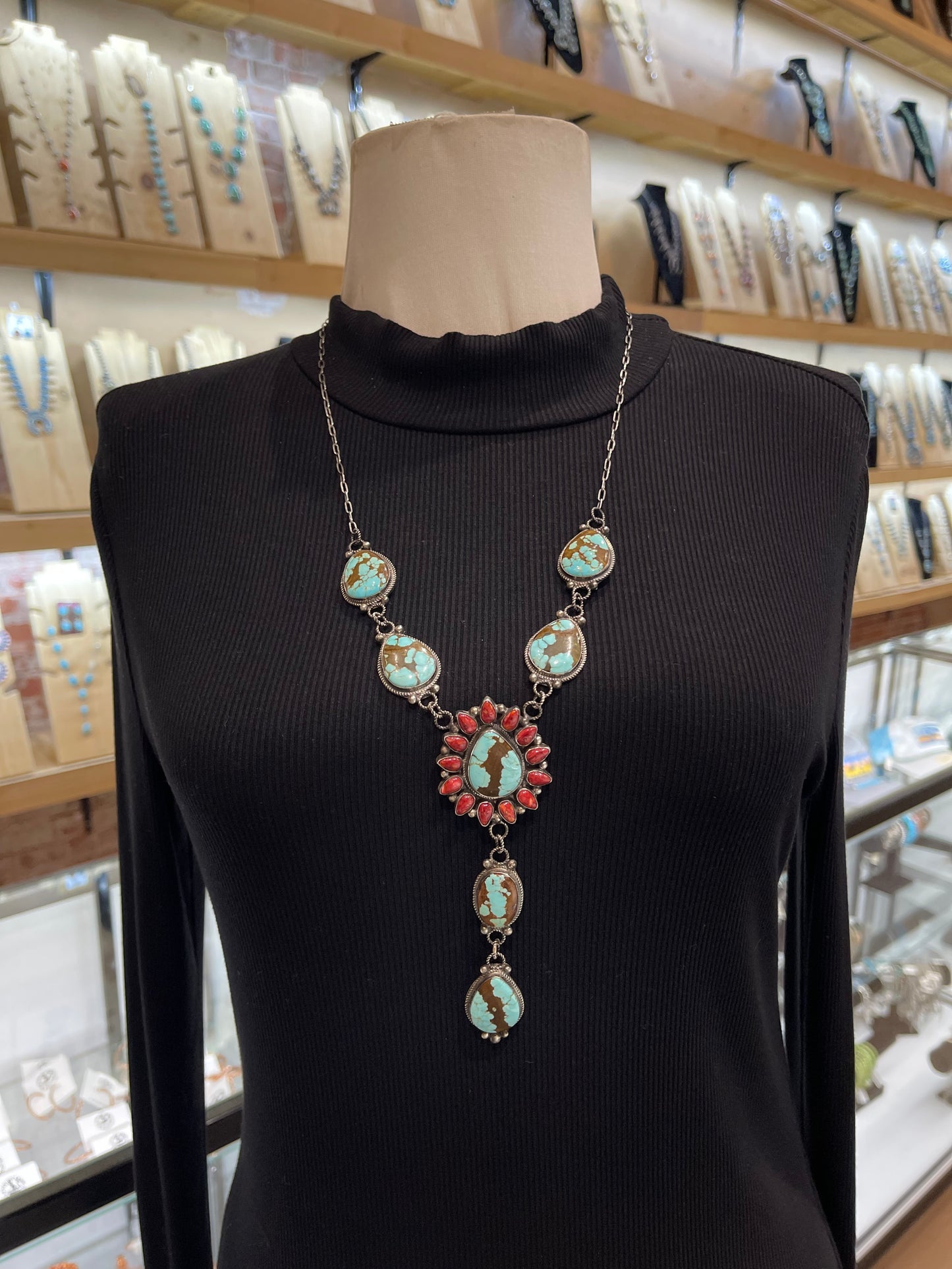 24" + 5" Drop #8 Turquoise & Corl Cluster Lariat Necklace by Devin Brown, Navajo