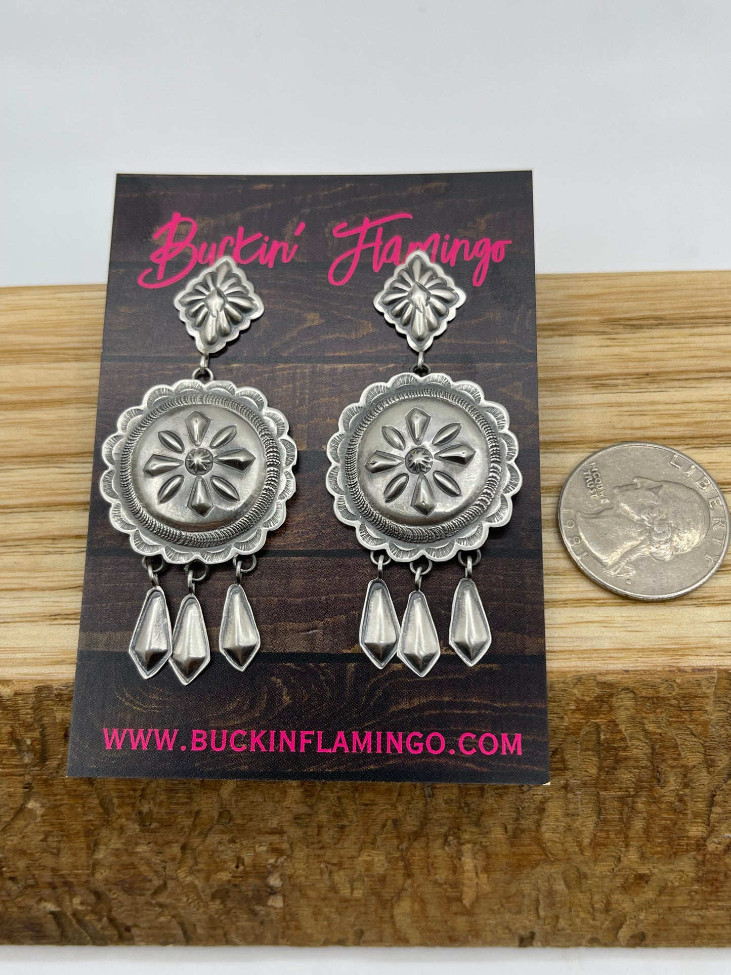 Silver Double Concho with Fringe Post Dangle Earrings by Terry Charlie, Navajo