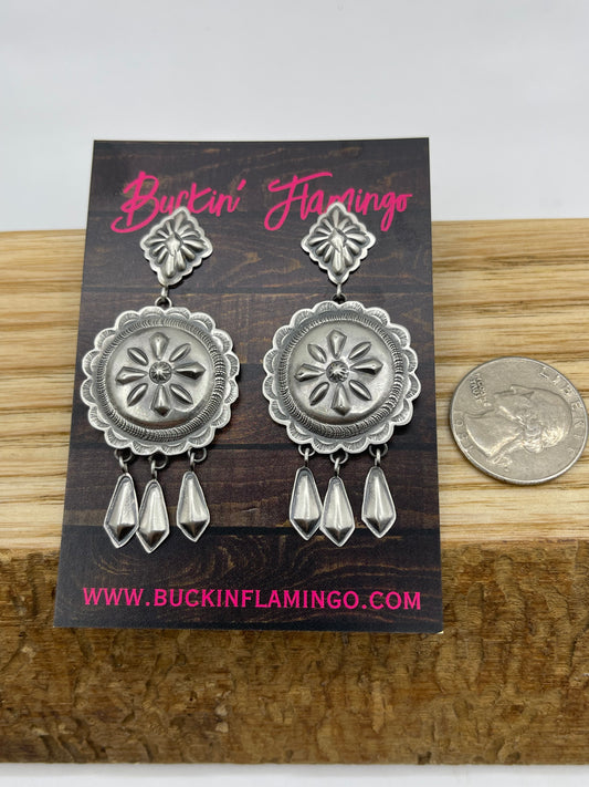 Silver Double Concho with Fringe Post Dangle Earrings by Terry Charlie, Navajo