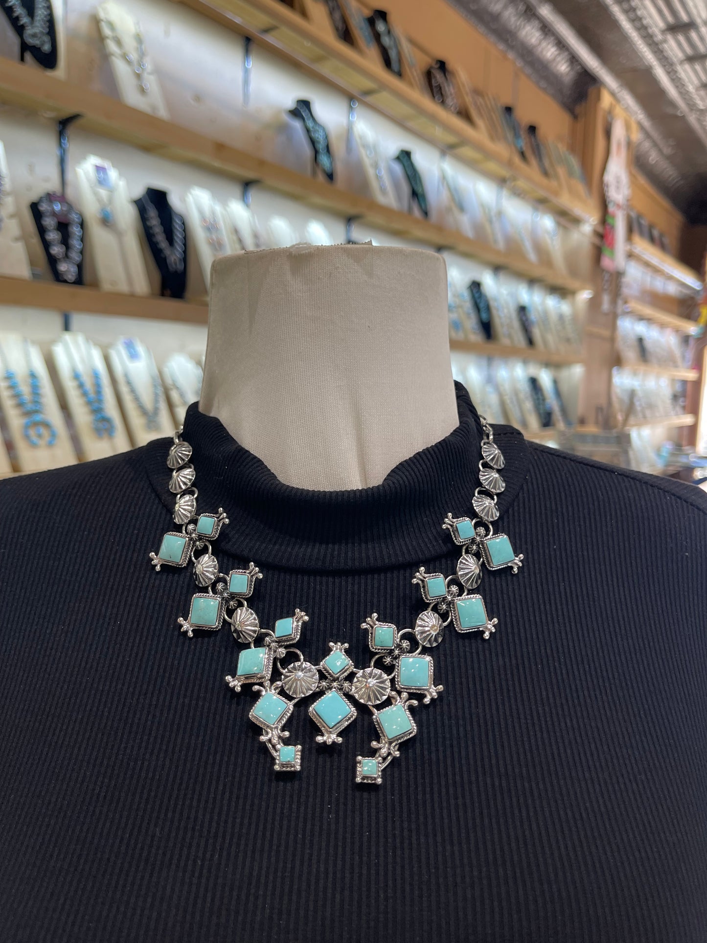 18" Turquoise & Concho Squash Blossom by Sarah Yazzie, Navajo
